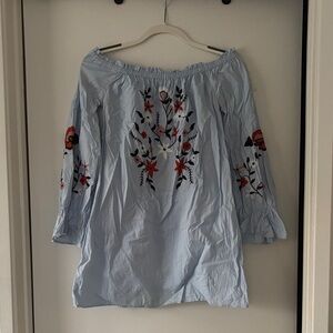 Sky and Sparrow Floral Embroidered Off-Shoulder dress - Light Blue